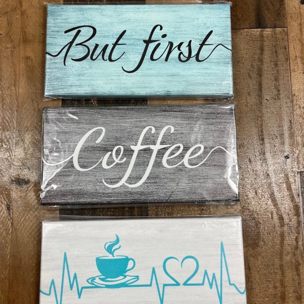 Set of 3 Coffee Canvas Wall Art Signs But First Coffee Kitchen Decor Teal Grey